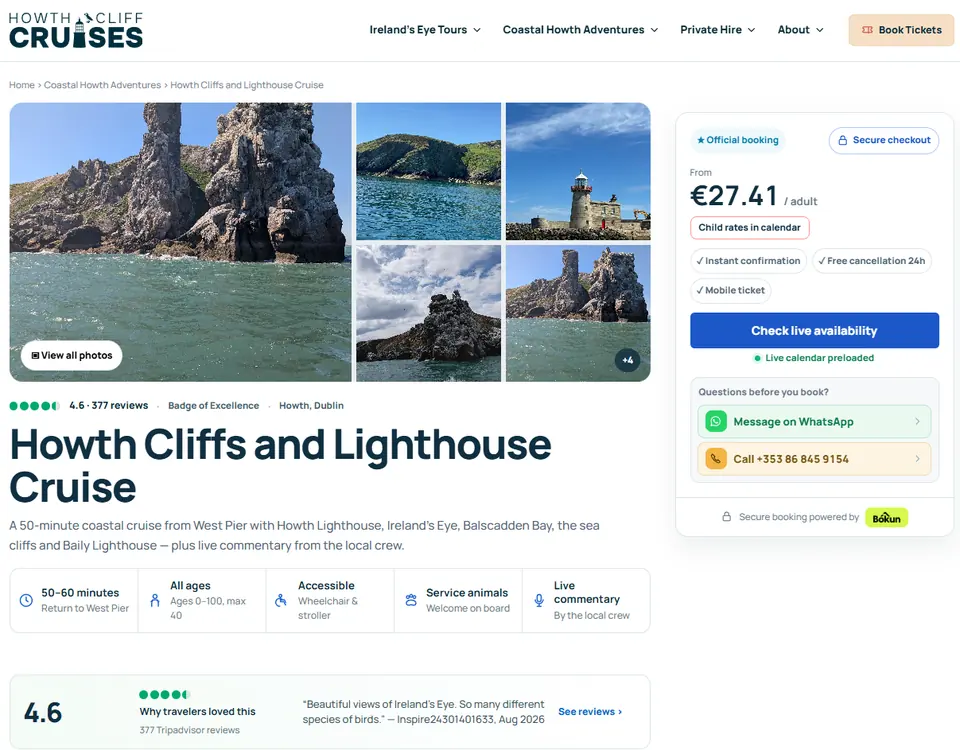 Desktop view of the Howth Cliffs and Lighthouse Cruise tour page concept: photo gallery, reviews, key facts and a booking card with a Check live availability button.